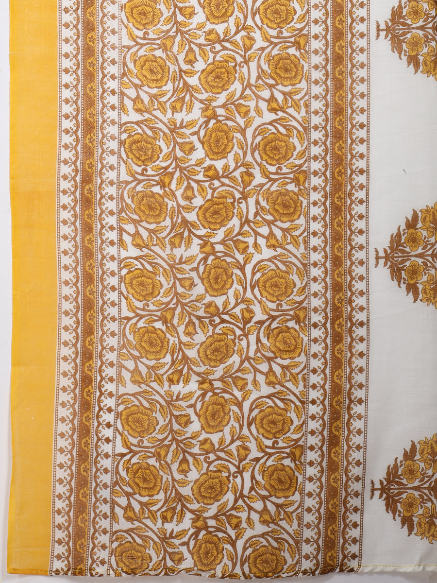 Yellow & White Cotton Printed Kurta Pant Dupatta Set