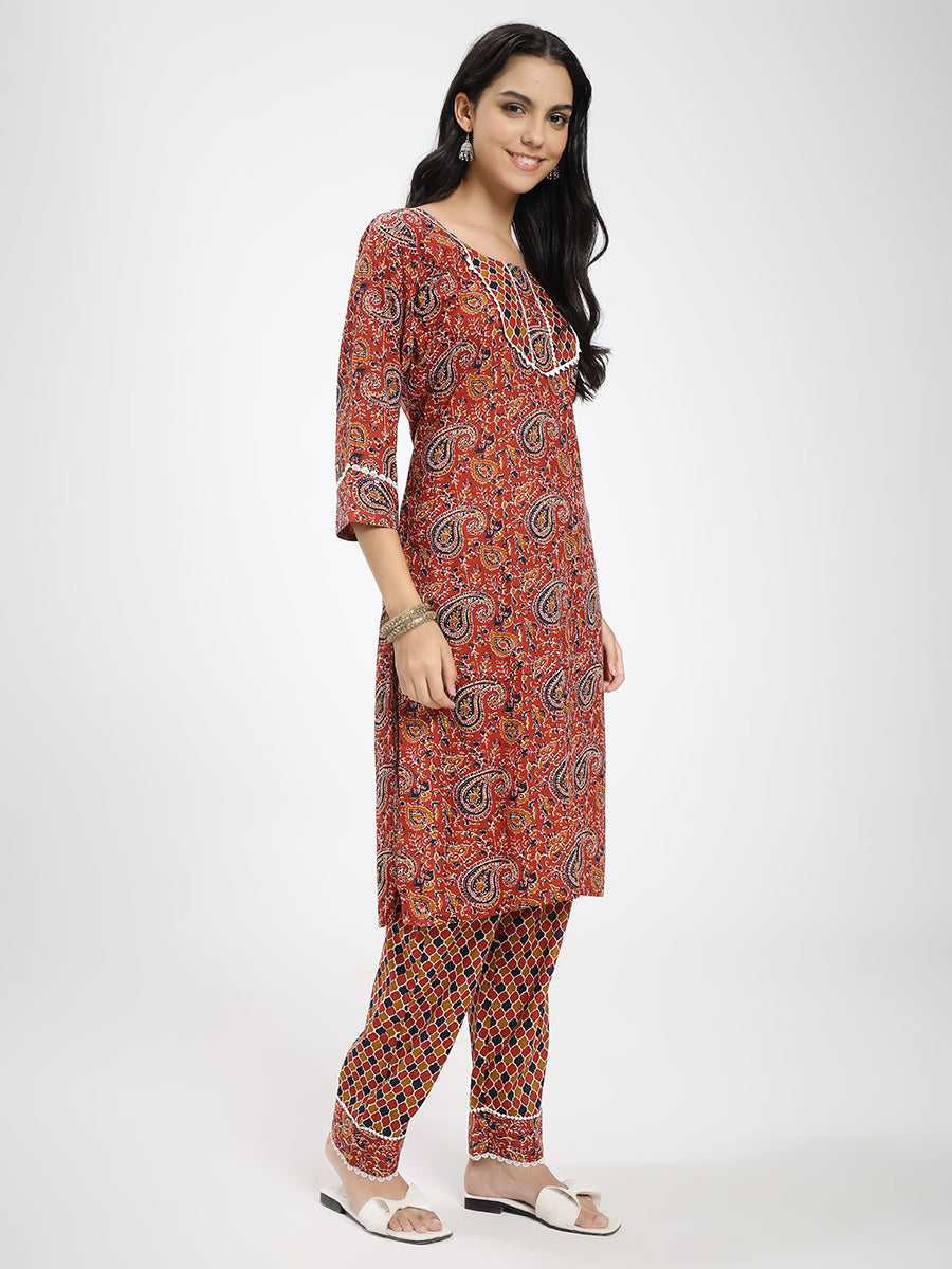 Rust Red & Brown Paisley Printed Kurta Pant Dupatta Set