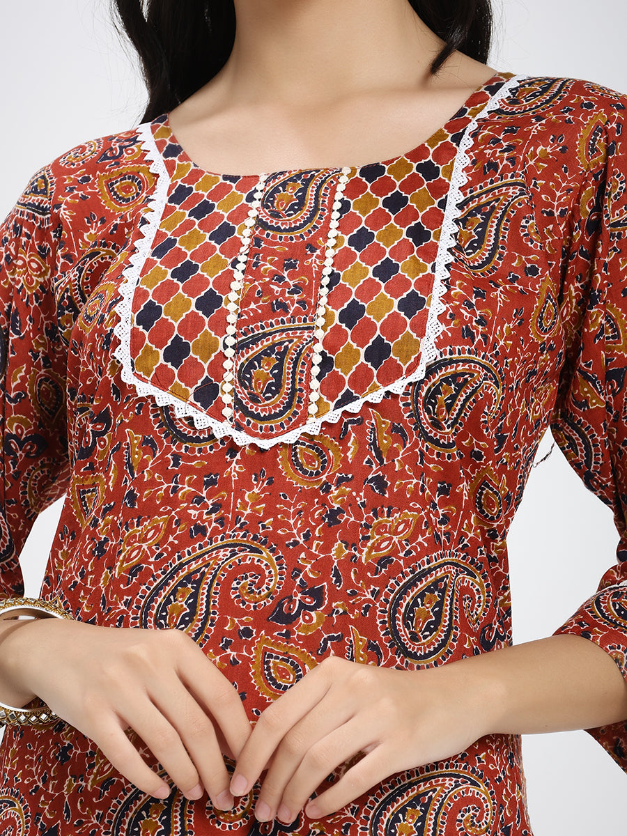 Rust Red & Brown Paisley Printed Kurta Pant Dupatta Set