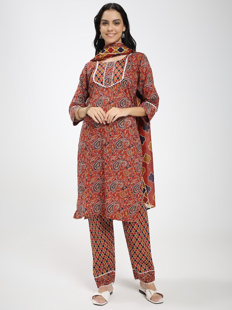 Rust Red & Brown Paisley Printed Kurta Pant Dupatta Set