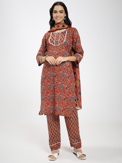 Rust Red & Brown Paisley Printed Kurta Pant Dupatta Set
