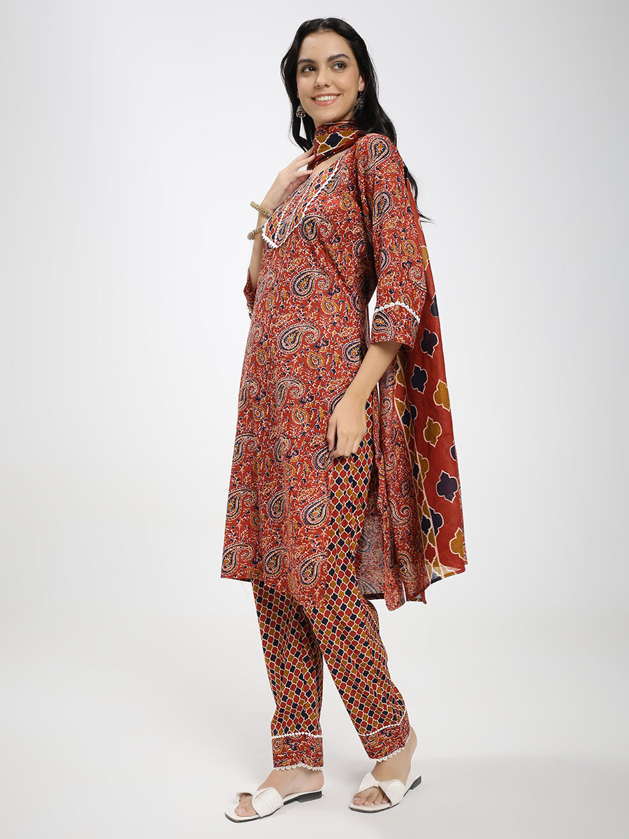 Rust Red & Brown Paisley Printed Kurta Pant Dupatta Set