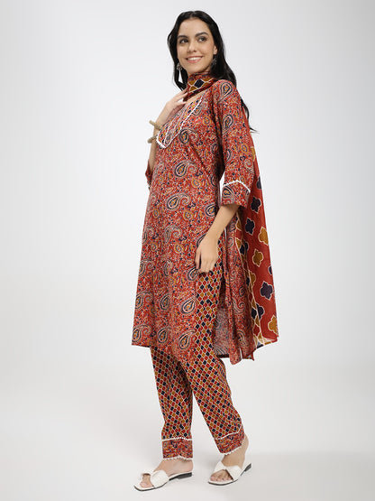 Rust Red & Brown Paisley Printed Kurta Pant Dupatta Set