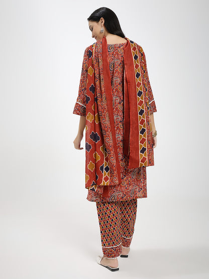 Rust Red & Brown Paisley Printed Kurta Pant Dupatta Set