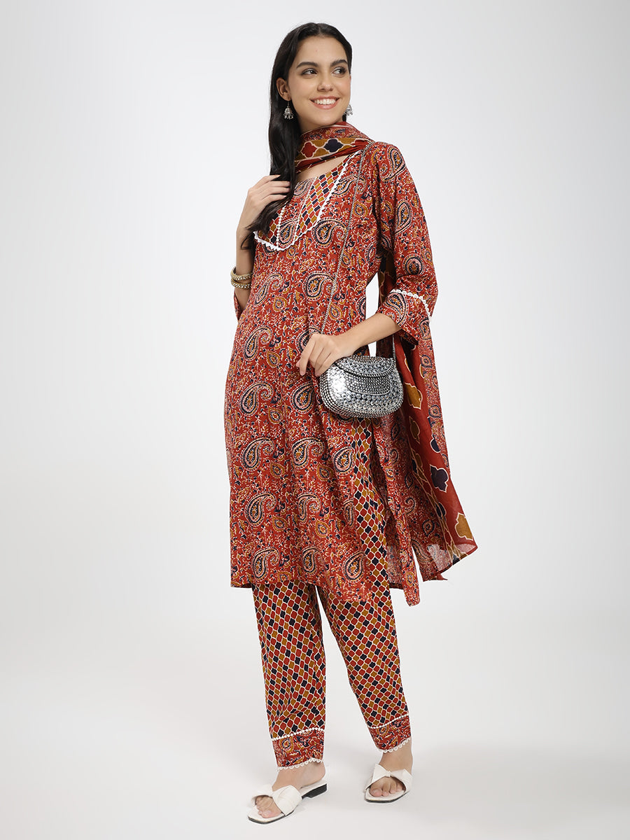 Rust Red & Brown Paisley Printed Kurta Pant Dupatta Set