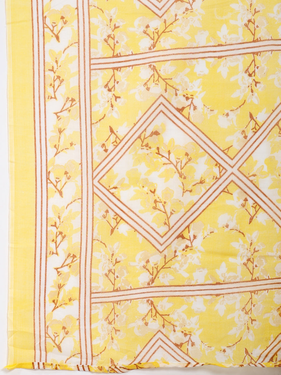 Bright Yellow & White Floral Printed Kurta Pant Dupatta Set