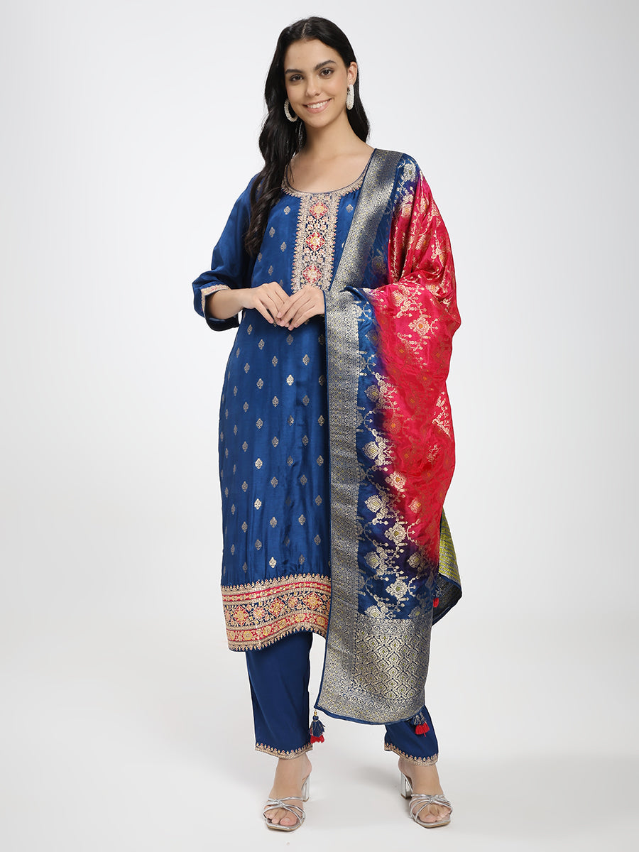 Royal Blue Roman Silk Kurta Pant with Banarasi Dupatta Set