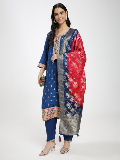 Royal Blue Roman Silk Kurta Pant with Banarasi Dupatta Set
