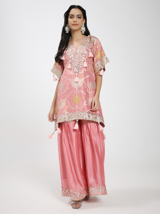 Elegant Pink Embroidered Kurta Set with Palazzo Pants