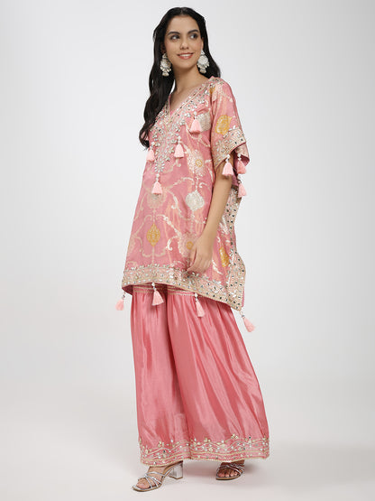 Elegant Pink Embroidered Kurta Set with Palazzo Pants