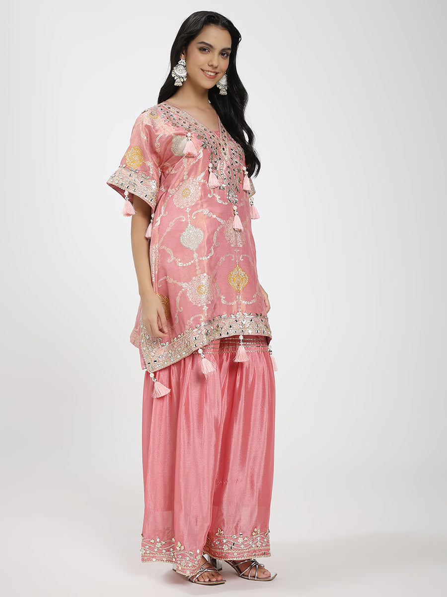 Elegant Pink Embroidered Kurta Set with Palazzo Pants