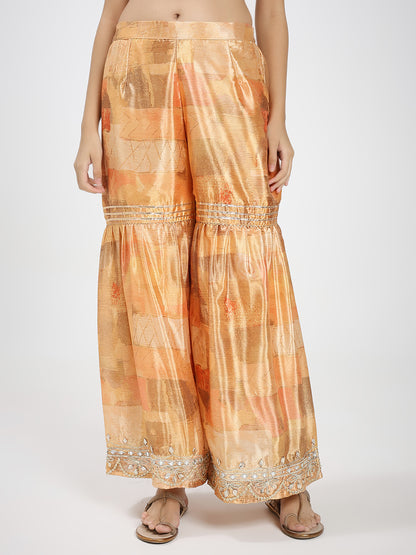 Peach Silk Mirror Work Kaftan with Sharara Set