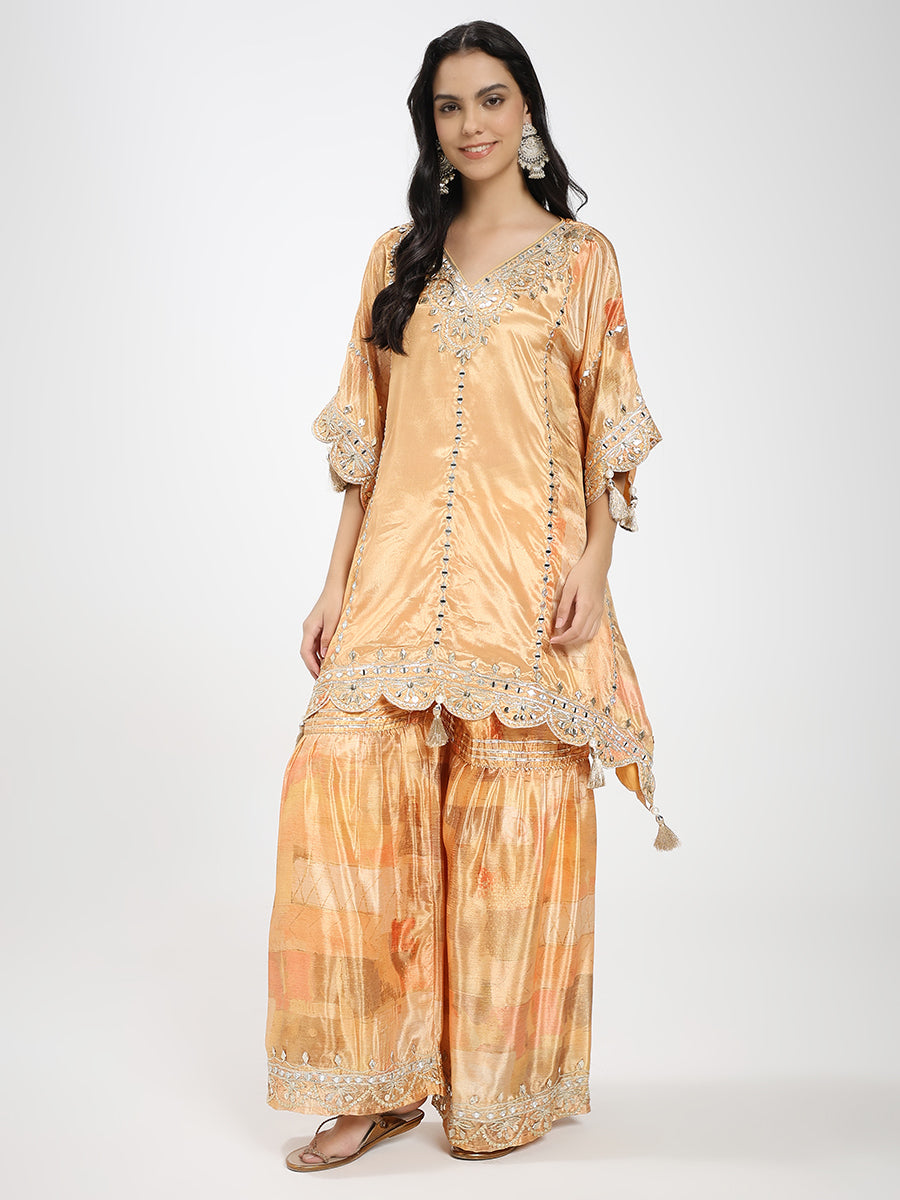 Peach Silk Mirror Work Kaftan with Sharara Set