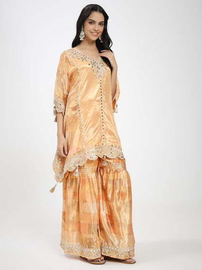 Peach Silk Mirror Work Kaftan with Sharara Set