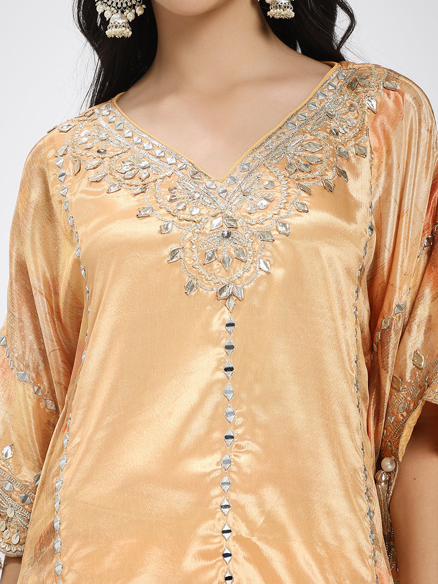 Peach Silk Mirror Work Kaftan with Sharara Set