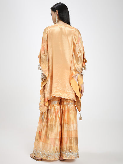 Peach Silk Mirror Work Kaftan with Sharara Set
