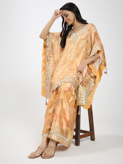 Peach Silk Mirror Work Kaftan with Sharara Set
