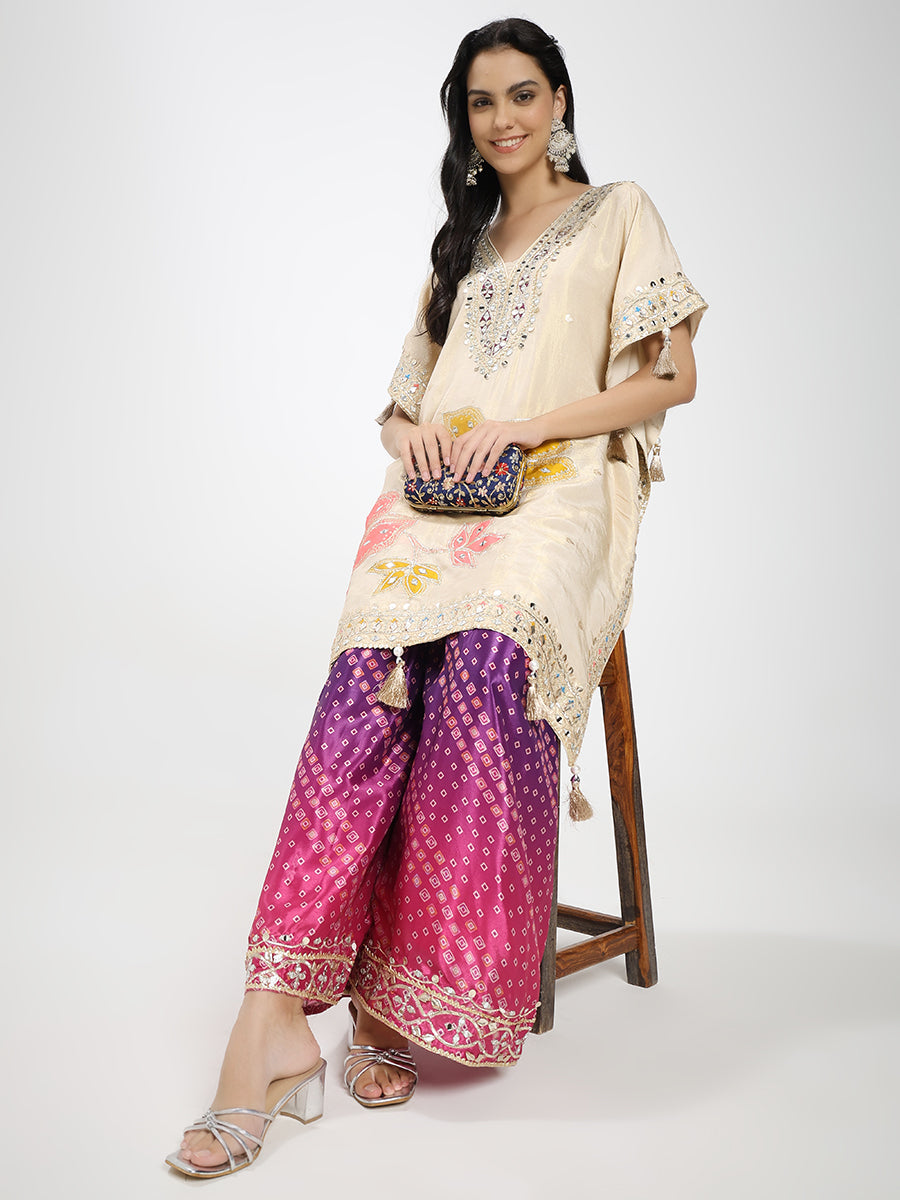 Embroidered Cream Kaftan Kurta with Bandhani Printed Palazzo & Mirror Work Detailing