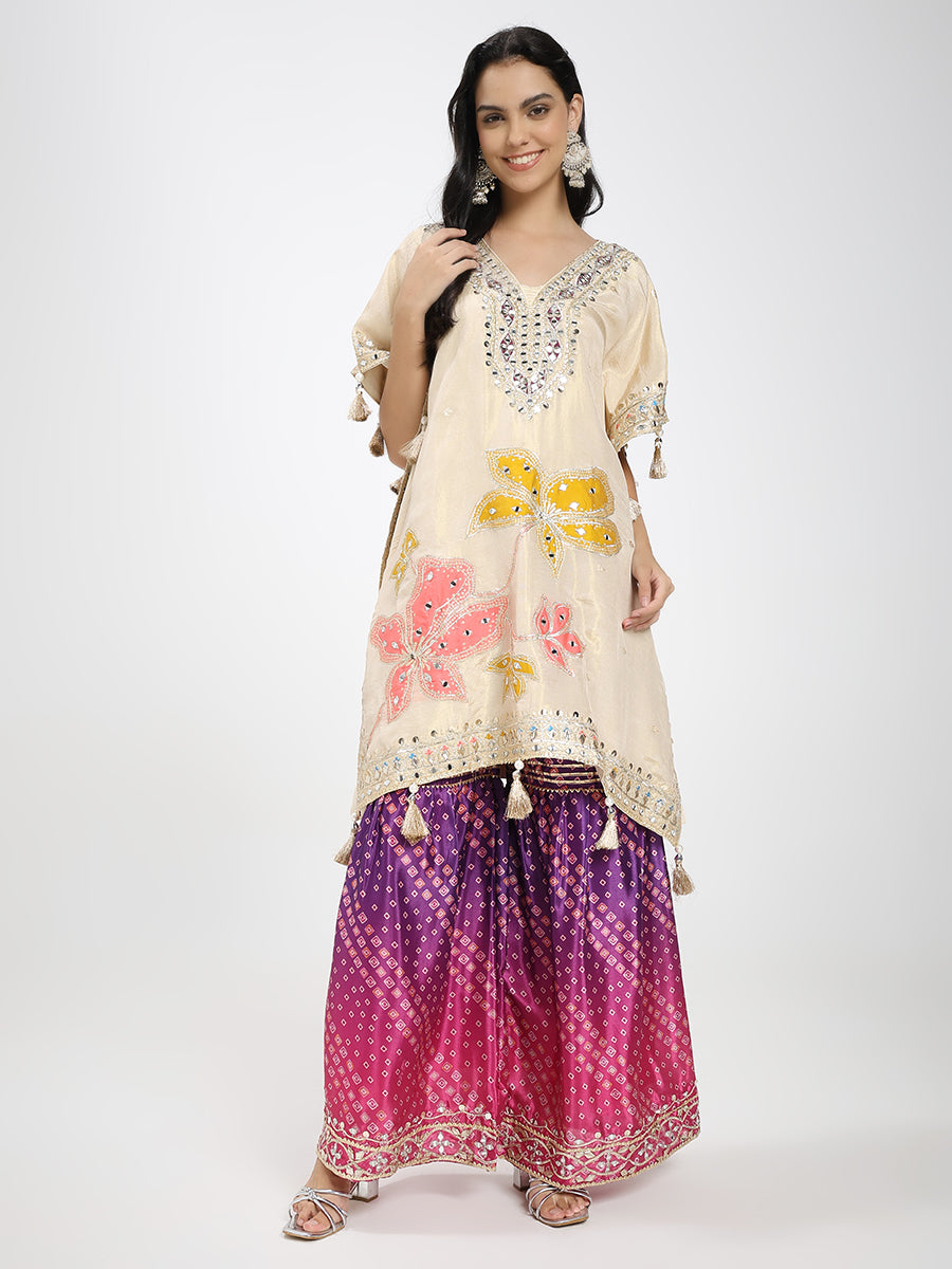 Embroidered Cream Kaftan Kurta with Bandhani Printed Palazzo & Mirror Work Detailing