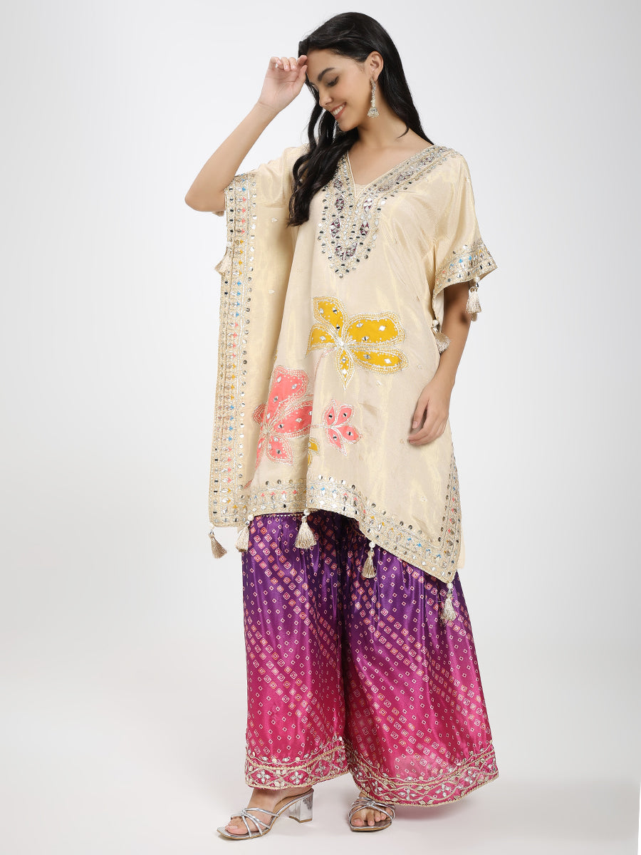 Embroidered Cream Kaftan Kurta with Bandhani Printed Palazzo & Mirror Work Detailing