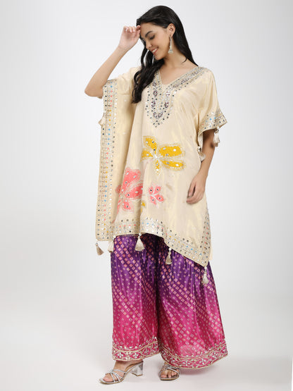 Embroidered Cream Kaftan Kurta with Bandhani Printed Palazzo & Mirror Work Detailing