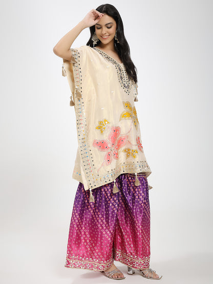 Embroidered Cream Kaftan Kurta with Bandhani Printed Palazzo & Mirror Work Detailing
