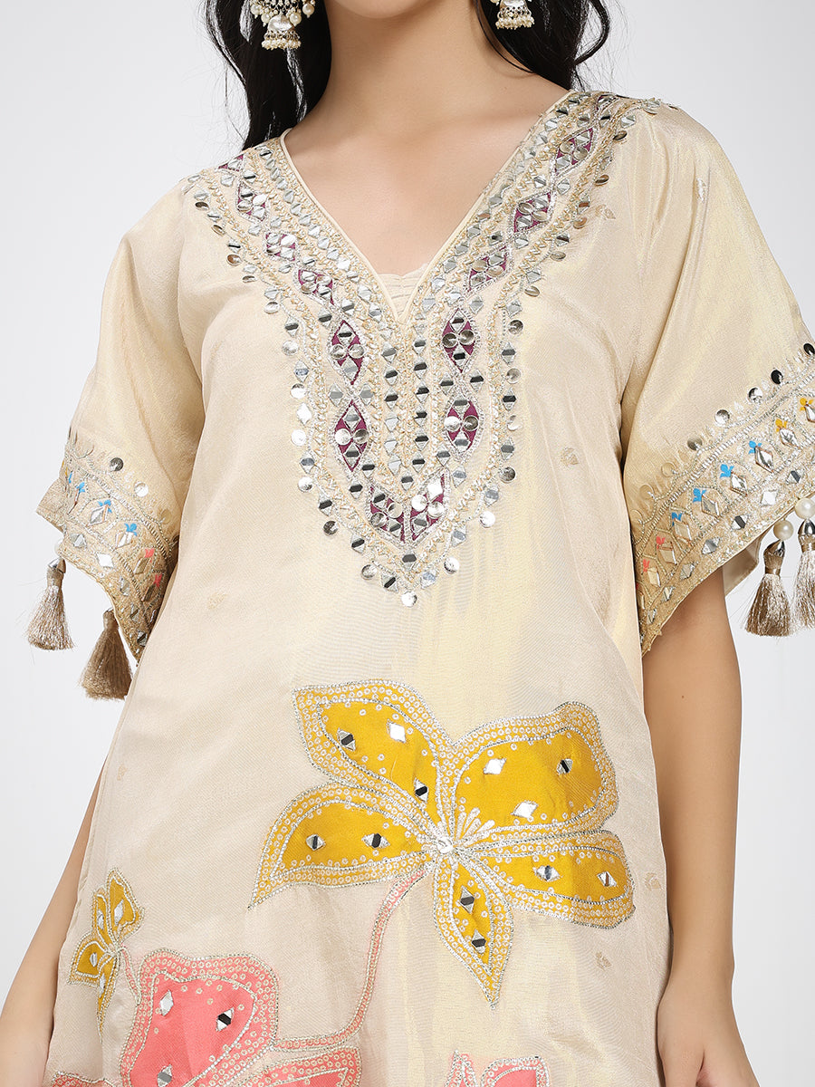 Embroidered Cream Kaftan Kurta with Bandhani Printed Palazzo & Mirror Work Detailing