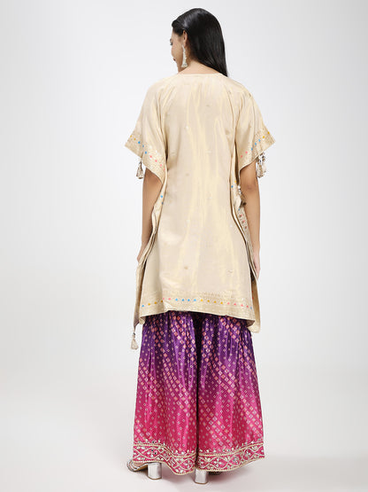 Embroidered Cream Kaftan Kurta with Bandhani Printed Palazzo & Mirror Work Detailing