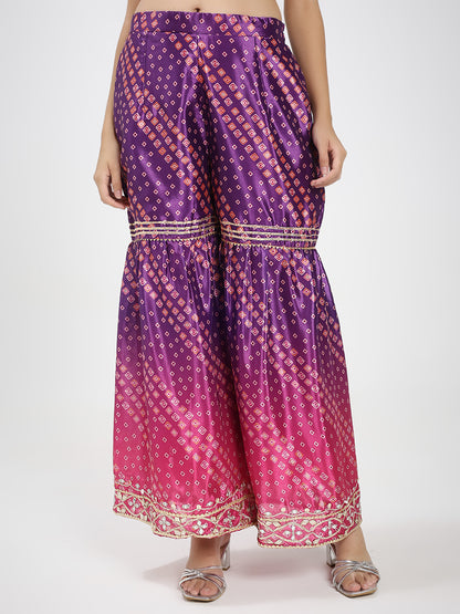 Embroidered Cream Kaftan Kurta with Bandhani Printed Palazzo & Mirror Work Detailing