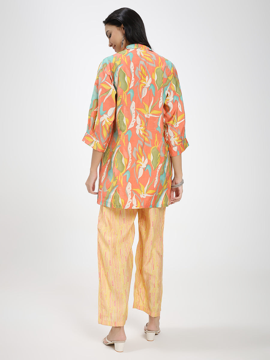 Floral Printed Co-ord Set with Shirt & Striped Palazzo pant