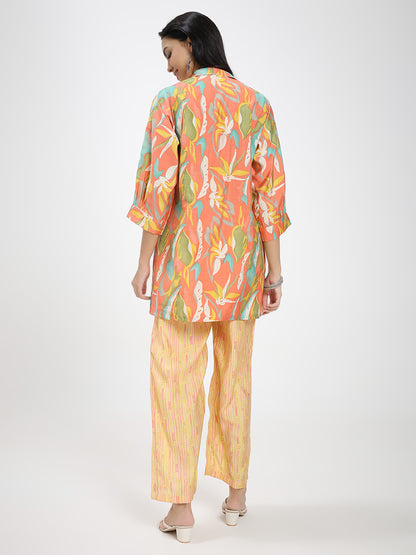 Floral Printed Co-ord Set with Shirt & Striped Palazzo pant