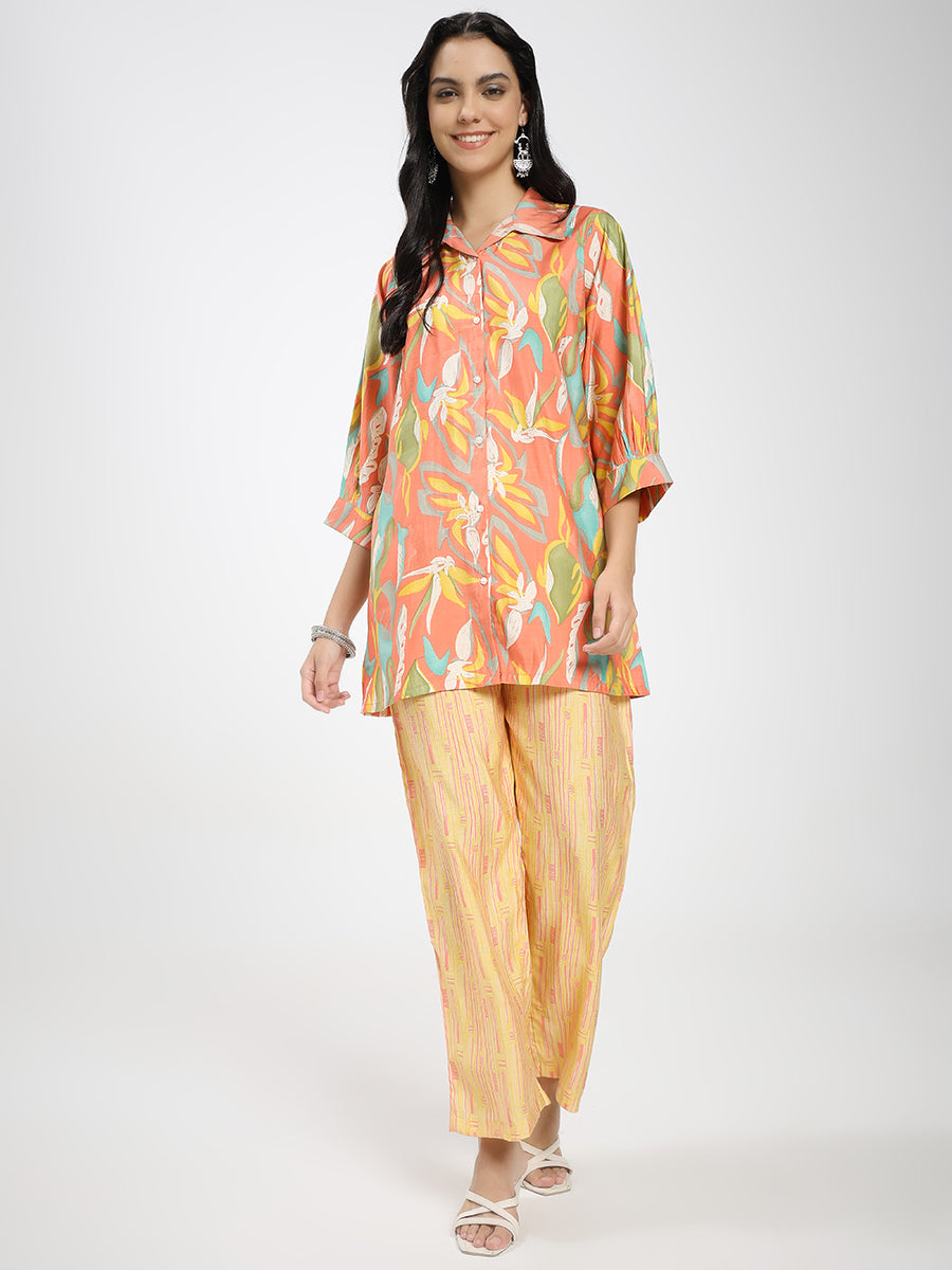 Floral Printed Co-ord Set with Shirt & Striped Palazzo pant