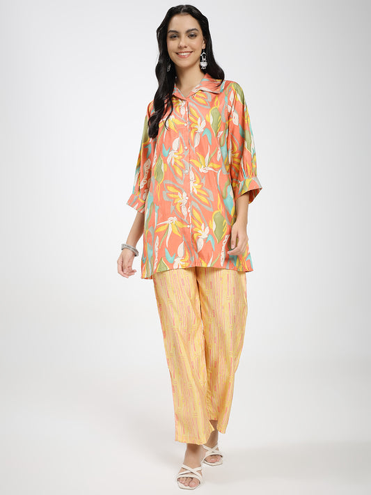 Floral Printed Co-ord Set with Shirt & Striped Palazzo pant