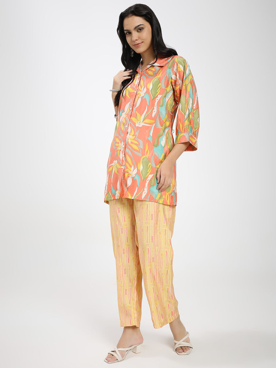 Floral Printed Co-ord Set with Shirt & Striped Palazzo pant