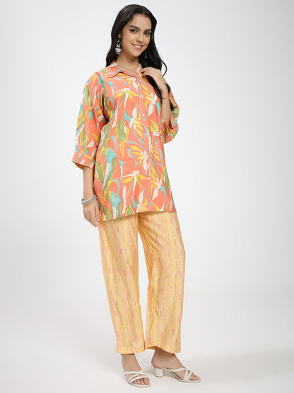 Floral Printed Co-ord Set with Shirt & Striped Palazzo pant
