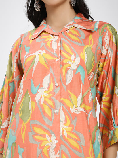 Floral Printed Co-ord Set with Shirt & Striped Palazzo pant