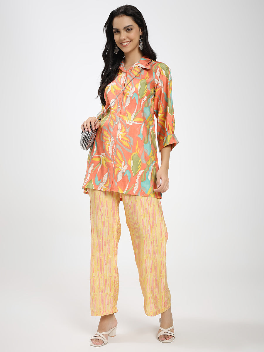 Floral Printed Co-ord Set with Shirt & Striped Palazzo pant