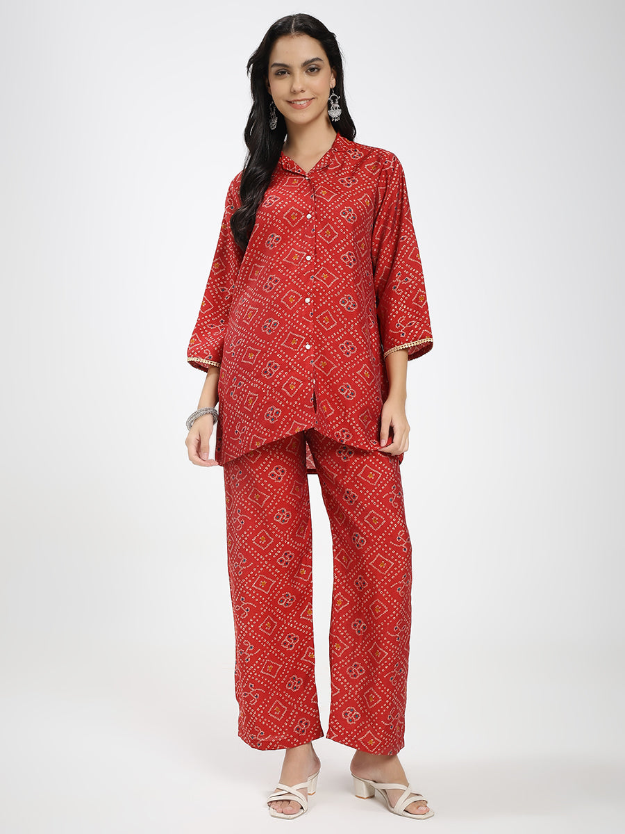 Red Printed Co-ord Set with Shirt Collar & Wide-Leg Pants