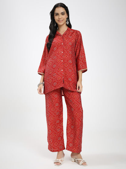 Red Printed Co-ord Set with Shirt Collar & Wide-Leg Pants
