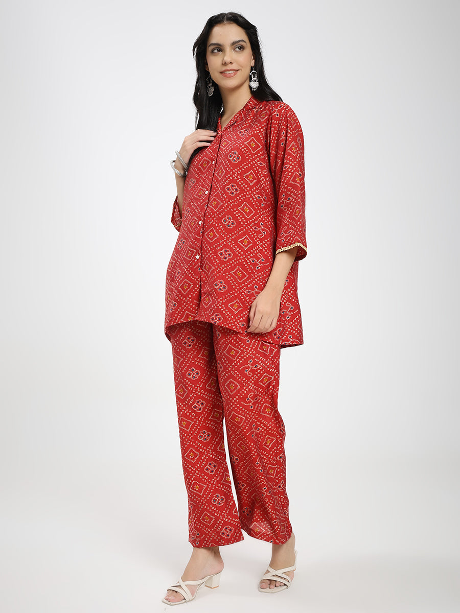 Red Printed Co-ord Set with Shirt Collar & Wide-Leg Pants
