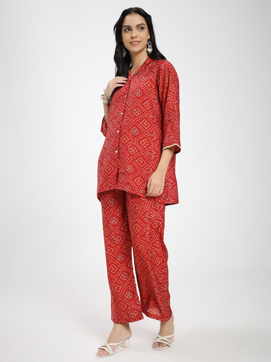 Red Printed Co-ord Set with Shirt Collar & Wide-Leg Pants