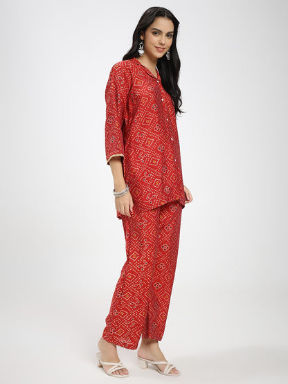 Red Printed Co-ord Set with Shirt Collar & Wide-Leg Pants