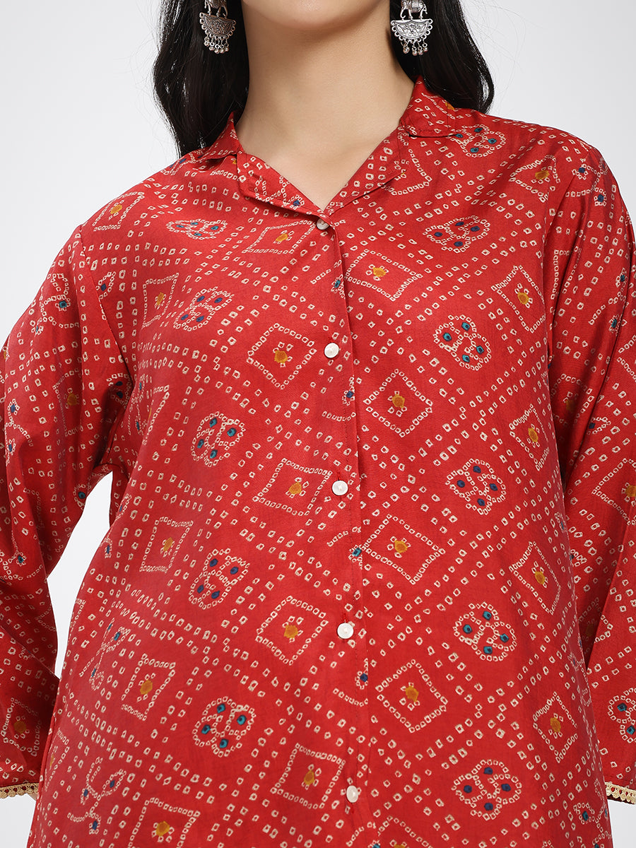 Red Printed Co-ord Set with Shirt Collar & Wide-Leg Pants