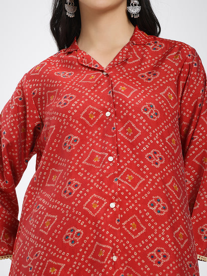 Red Printed Co-ord Set with Shirt Collar & Wide-Leg Pants