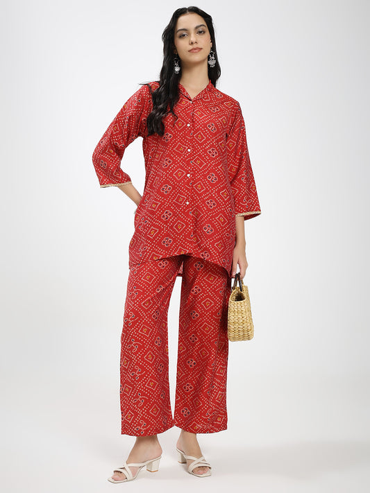 Red Printed Co-ord Set with Shirt Collar & Wide-Leg Pants