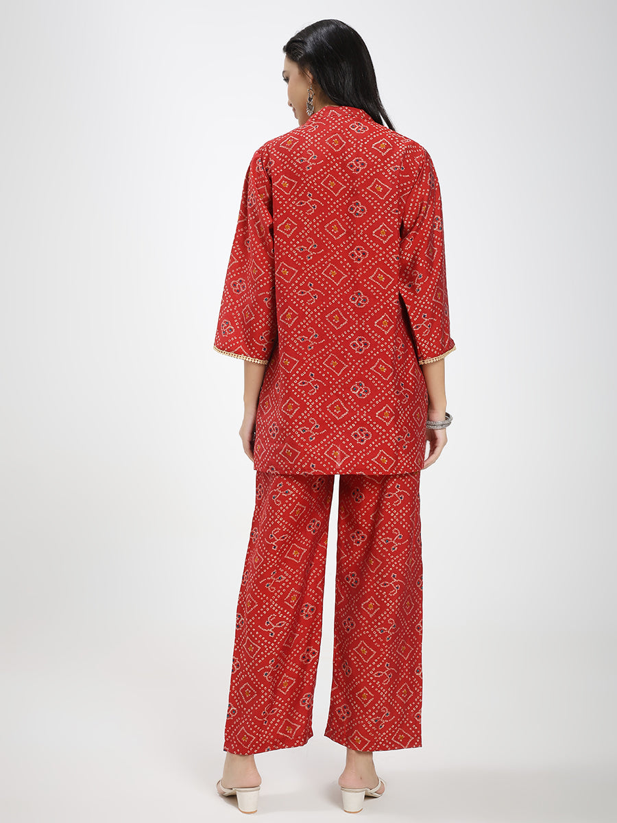 Red Printed Co-ord Set with Shirt Collar & Wide-Leg Pants