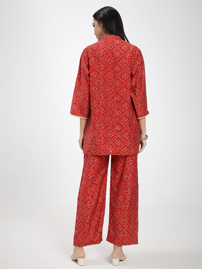 Red Printed Co-ord Set with Shirt Collar & Wide-Leg Pants
