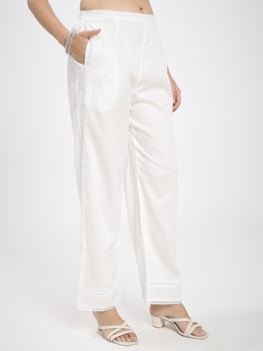 Sage Green Printed Kurta with White Straight Pants