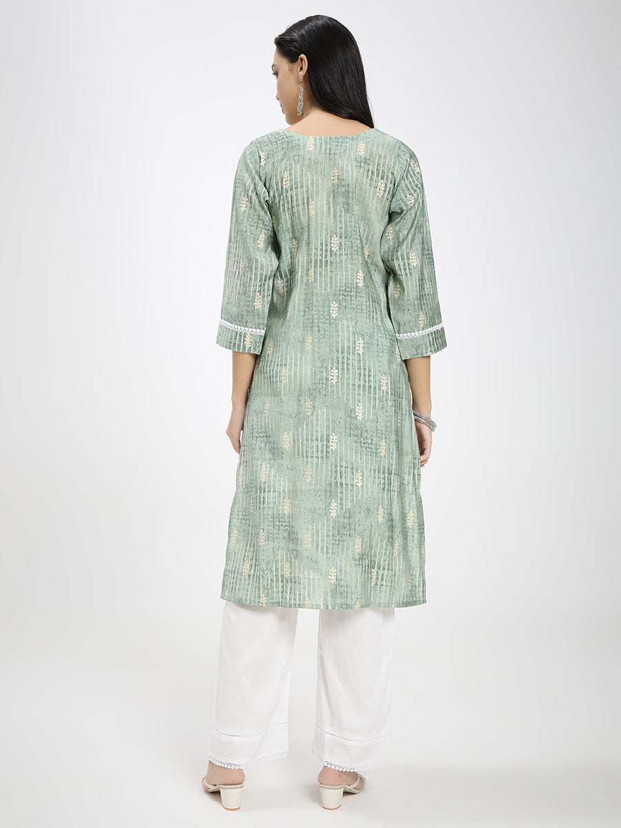 Sage Green Printed Kurta with White Straight Pants