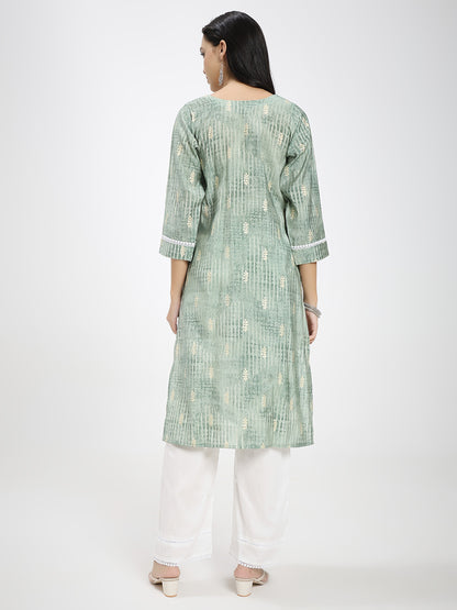 Sage Green Printed Kurta with White Straight Pants